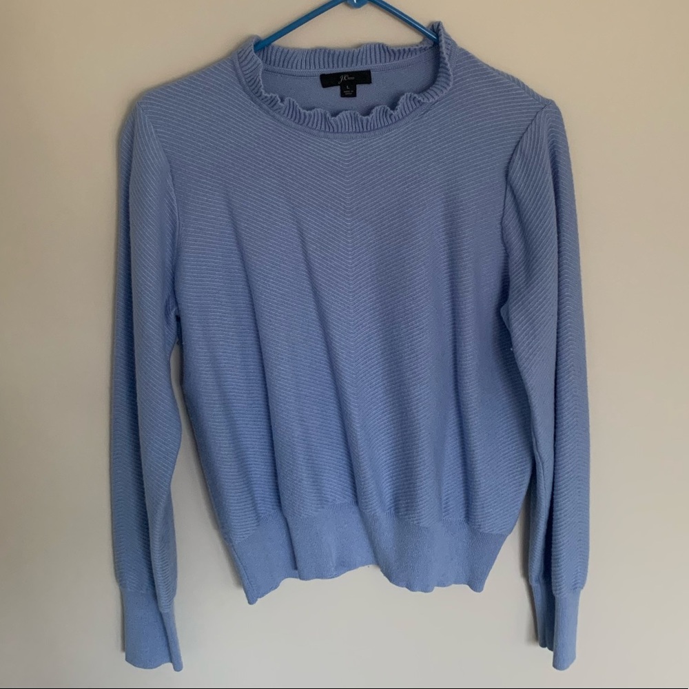 Jcrew | ruffle neck pullover sweater. L. Blue.